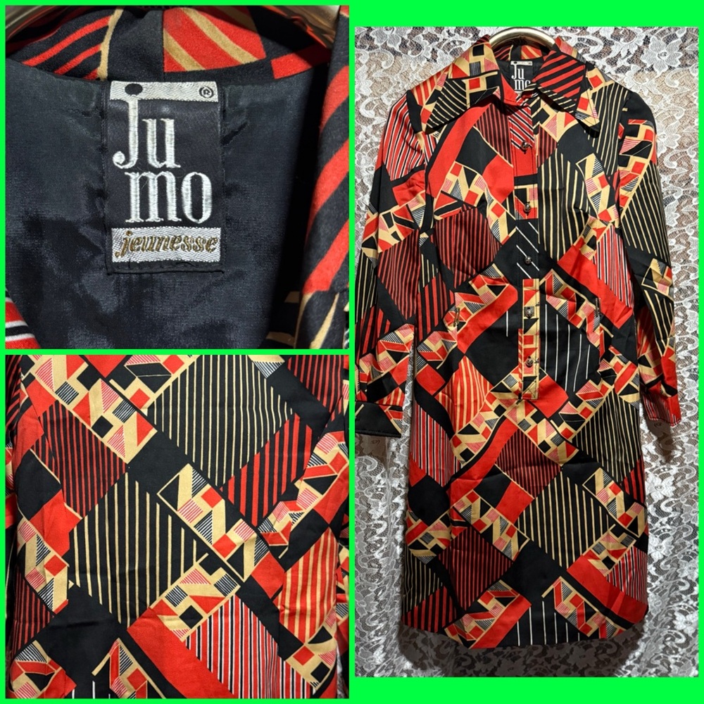 Jumo Jeunesse Geometric Print Long Sleeve vintage Dress - Red & Black 1960s
